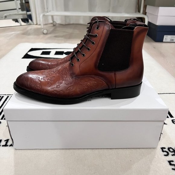 Robert Graham Hyperspace Skull & Logo Embossed Leather Lace Up Boots - Picture 3 of 6